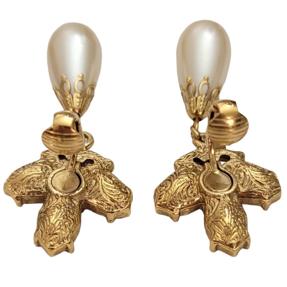 1928 Brand Faux Pearl Dangle Clear Rhinestones Clip-On Earrings 1.8” L E212 - Picture 6 of 9